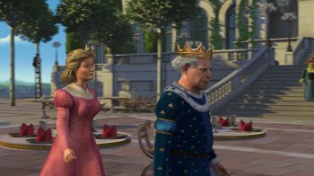 Movie still from “Shrek 2” (2004), directed by Andrew Adamson – A man and a woman walking down a street; Medium shot, Over the shoulder angle