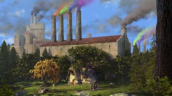 Movie still from “Shrek 2” (2004), directed by Andrew Adamson – An artistic rendering of a building with smoke coming out of it's chimneys; Extreme Wide shot, High angle
