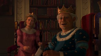 Movie still from “Shrek 2” (2004), directed by Andrew Adamson – A king and a queen in front of a bookcase; Medium shot, Over the shoulder angle