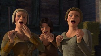 Movie still from “Shrek 2” (2004), directed by Andrew Adamson – A group of three women standing next to each other; Medium shot, High angle