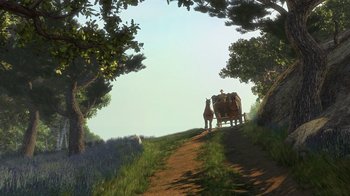Movie still from “Shrek 2” (2004), directed by Andrew Adamson – A horse drawn carriage traveling down a dirt road; Extreme Wide shot, Low angle