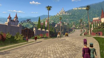 Movie still from “Shrek 2” (2004), directed by Andrew Adamson – A street scene with people walking down the street; Extreme Wide shot, High angle