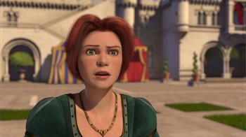 Movie still from “Shrek 2” (2004), directed by Andrew Adamson – A woman with red hair and a green dress; Medium shot, High angle