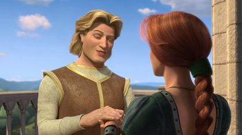 Movie still from “Shrek 2” (2004), directed by Andrew Adamson – A man and a woman holding hands in front of a sky background; Medium shot, Over the shoulder angle