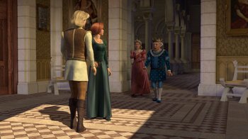 Movie still from “Shrek 2” (2004), directed by Andrew Adamson – A group of people standing in front of each other; Wide shot, Over the shoulder angle