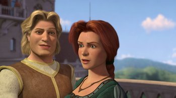 Movie still from “Shrek 2” (2004), directed by Andrew Adamson – A man and a woman standing next to each other in front of a building; Close Up shot, Low angle