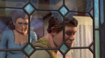Movie still from “Shrek 2” (2004), directed by Andrew Adamson – A man and a woman looking through a glass window; Close Up shot, Over the shoulder angle