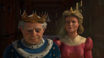 Movie still from “Shrek 2” (2004), directed by Andrew Adamson – An old man and a young woman wearing crowns; Close Up shot, Low angle