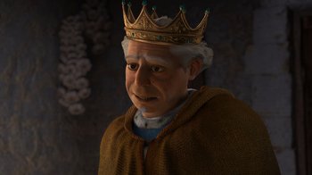 Movie still from “Shrek 2” (2004), directed by Andrew Adamson – An old man wearing a gold crown and a cape; Close Up shot, High angle