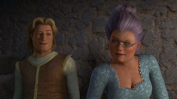 Movie still from “Shrek 2” (2004), directed by Andrew Adamson – A couple of people that are standing next to each other; Close Up shot, Over the shoulder angle