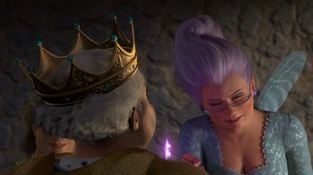 Movie still from “Shrek 2” (2004), directed by Andrew Adamson – An old man wearing a crown talking to an old woman; Close Up shot, Over the shoulder angle