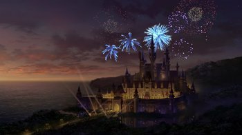 Movie still from “Shrek 2” (2004), directed by Andrew Adamson – Fireworks are being displayed over a castle at night; Extreme Wide shot, High angle