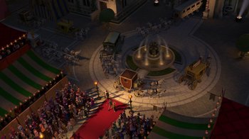 Movie still from “Shrek 2” (2004), directed by Andrew Adamson – An overhead view of a crowd of people gathered around a fountain; Extreme Wide shot, High angle