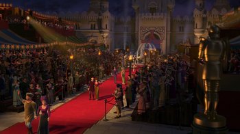 Movie still from “Shrek 2” (2004), directed by Andrew Adamson – A crowd of people standing on a red carpet; Extreme Wide shot, High angle