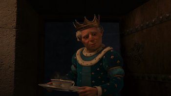 Movie still from “Shrek 2” (2004), directed by Andrew Adamson – A man wearing a crown holding a tray of food; Medium shot, Over the shoulder angle