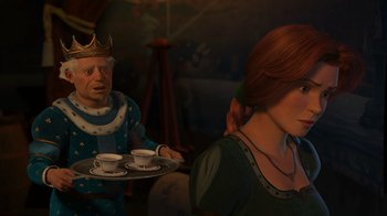 Movie still from “Shrek 2” (2004), directed by Andrew Adamson – A man and a woman are holding a tray of tea cups; Medium shot, Over the shoulder angle