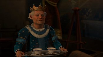 Movie still from “Shrek 2” (2004), directed by Andrew Adamson – A cartoon king holding a tray with two teacups on top of it; Medium shot, High angle