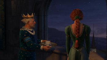 Movie still from “Shrek 2” (2004), directed by Andrew Adamson – A man and a woman are holding a tray; Medium shot, Over the shoulder angle