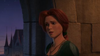 Movie still from “Shrek 2” (2004), directed by Andrew Adamson – A woman with long red hair is looking at the camera; Close Up shot, Over the shoulder angle