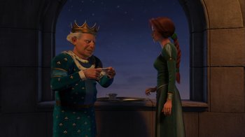 Movie still from “Shrek 2” (2004), directed by Andrew Adamson – An old man and a young woman are standing in front of an arched window; Medium shot, Over the shoulder angle