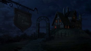 Movie still from “Shrek 2” (2004), directed by Andrew Adamson – An image of a night scene with a house and a gate; Extreme Wide shot, High angle