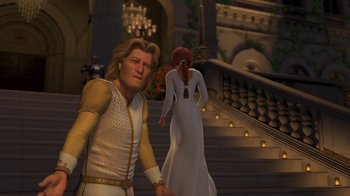 Movie still from “Shrek 2” (2004), directed by Andrew Adamson – A man and a woman are walking down the stairs; Medium shot, Over the shoulder angle