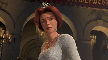 Movie still from “Shrek 2” (2004), directed by Andrew Adamson – A woman with red hair wearing a white dress; Close Up shot, Over the shoulder angle