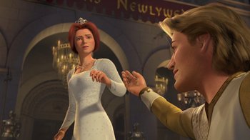 Movie still from “Shrek 2” (2004), directed by Andrew Adamson – A woman in a white dress and a man in a white suit; Medium shot, Over the shoulder angle