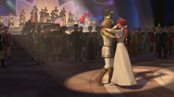Movie still from “Shrek 2” (2004), directed by Andrew Adamson – A couple of people that are dancing in a room; Wide shot, Over the shoulder angle