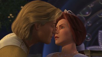 Movie still from “Shrek 2” (2004), directed by Andrew Adamson – A man and a woman face to face in a computer game; Close Up shot, Over the shoulder angle