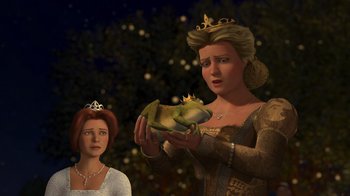 Movie still from “Shrek 2” (2004), directed by Andrew Adamson – A woman holding a frog in front of another woman in front of a tree; Medium shot, Over the shoulder angle