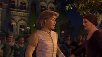 Movie still from “Shrek 2” (2004), directed by Andrew Adamson – A woman is walking in front of a crowd; Medium shot, Over the shoulder angle