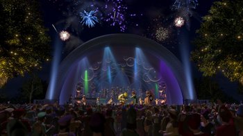 Movie still from “Shrek 2” (2004), directed by Andrew Adamson – A crowd of people sitting in front of a stage; Extreme Wide shot, High angle
