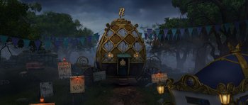 Movie still from “Shrek Forever After” (2010), directed by Mike Mitchell – An image of an egg shaped house in the middle of the night; Extreme Wide shot, High angle