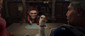 Movie still from “Shrek Forever After” (2010), directed by Mike Mitchell – An image of an animated character and a goose; Medium shot, Over the shoulder angle