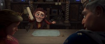 Movie still from “Shrek Forever After” (2010), directed by Mike Mitchell – An animated character is sitting at a table; Medium shot, Over the shoulder angle