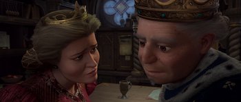 Movie still from “Shrek Forever After” (2010), directed by Mike Mitchell – A woman and a man are looking at each other; Close Up shot, Over the shoulder angle