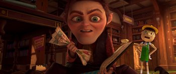 Movie still from “Shrek Forever After” (2010), directed by Mike Mitchell – An image of an animated character holding a pair of paper fans; Medium shot, Low angle