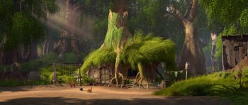 Movie still from “Shrek Forever After” (2010), directed by Mike Mitchell – An image of an animated scene of a tree house; Extreme Wide shot, Low angle