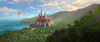 Movie still from “Shrek Forever After” (2010), directed by Mike Mitchell – An image of a castle in the middle of a forest; Extreme Wide shot, High angle