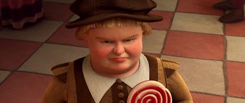 Movie still from “Shrek Forever After” (2010), directed by Mike Mitchell – An animated picture of a person with a lollipop; Close Up shot, High angle