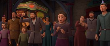 Movie still from “Shrek Forever After” (2010), directed by Mike Mitchell – A group of people standing in a room; Medium shot, Over the shoulder angle