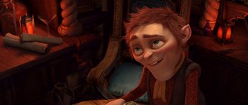 Movie still from “Shrek Forever After” (2010), directed by Mike Mitchell – A man with red hair is smiling for the camera; Close Up shot, Over the shoulder angle