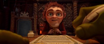 Movie still from “Shrek Forever After” (2010), directed by Mike Mitchell – An animated picture of a boy looking at the camera; Medium shot, Over the shoulder angle