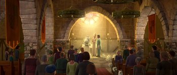 Movie still from “Shrek Forever After” (2010), directed by Mike Mitchell – An illustration of people in a church with a priest; Wide shot, High angle