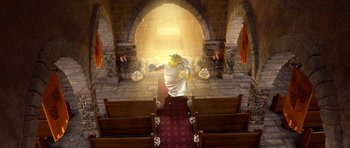 Movie still from “Shrek Forever After” (2010), directed by Mike Mitchell – A man in a white shirt is walking in a church; Extreme Wide shot, High angle