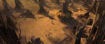Movie still from “Shrek Forever After” (2010), directed by Mike Mitchell – An aerial view of a person walking through a field; Extreme Wide shot, High angle