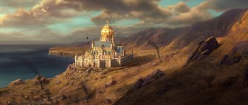 Movie still from “Shrek Forever After” (2010), directed by Mike Mitchell – An artistic rendering of a castle on a hill; Extreme Wide shot, Low angle
