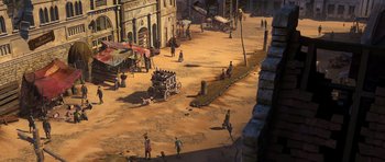 Movie still from “Shrek Forever After” (2010), directed by Mike Mitchell – An old fashioned stagecoach in the middle of a city; Extreme Wide shot, High angle