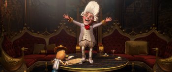 Movie still from “Shrek Forever After” (2010), directed by Mike Mitchell – An animated character is standing on a table; Wide shot, Low angle